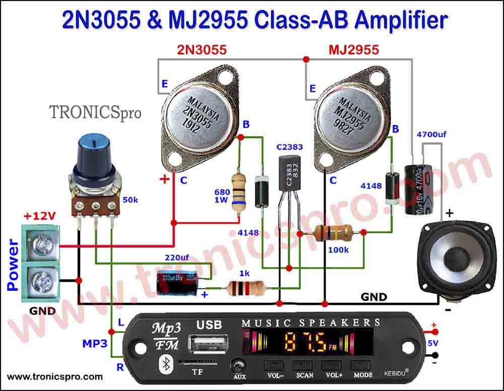 2N3055 MJ2955 Class-AB Amplifier Circuit Diagram