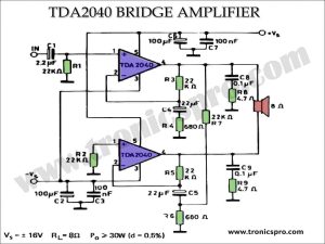30W Bridge Amplifier TDA2040 Circuit Diagram