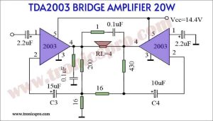 TDA2003 Bridge Amplifier 20W circuit - Tronicspro