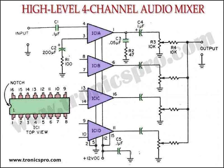 HighLevel 4Channel Audio Mixer C‏ircuit Diagram TRONICSpro