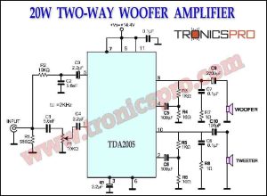 20W Two-Way Woofer Amplifier TDA2005 Circuit Diagram