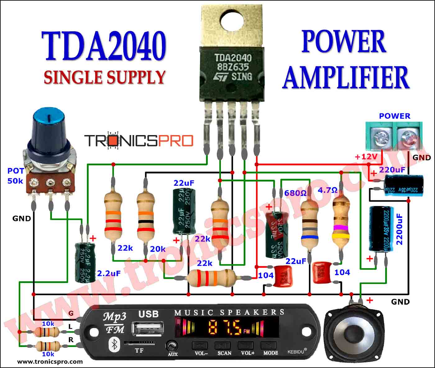 30W TDA2040 Power Amplifier Circuit Diagram