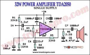 32W Power Amplifier TDA2050 Single Supply Circuit Diagrm