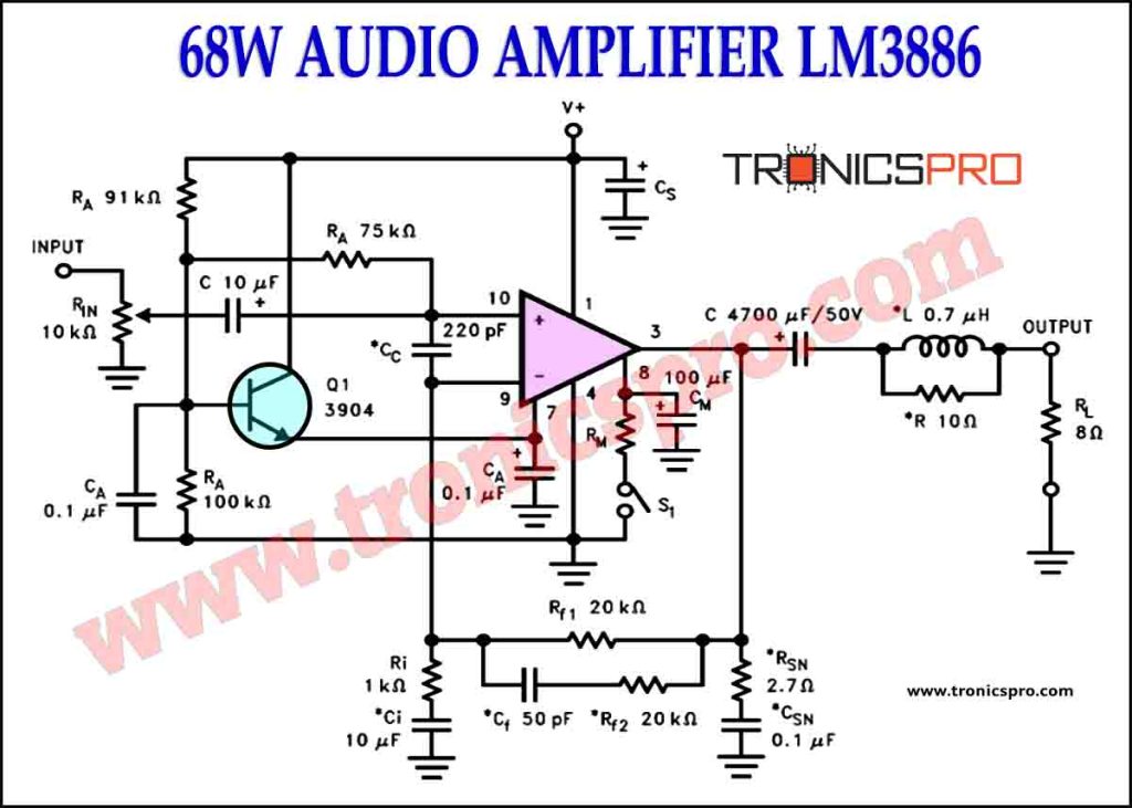 68W Audio Amplifier LM3886 Circuit Diagram - TRONICSpro