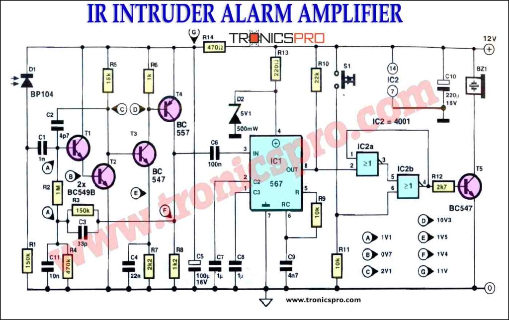 IR Intruder Alarm Amplifier Circuit Diagram