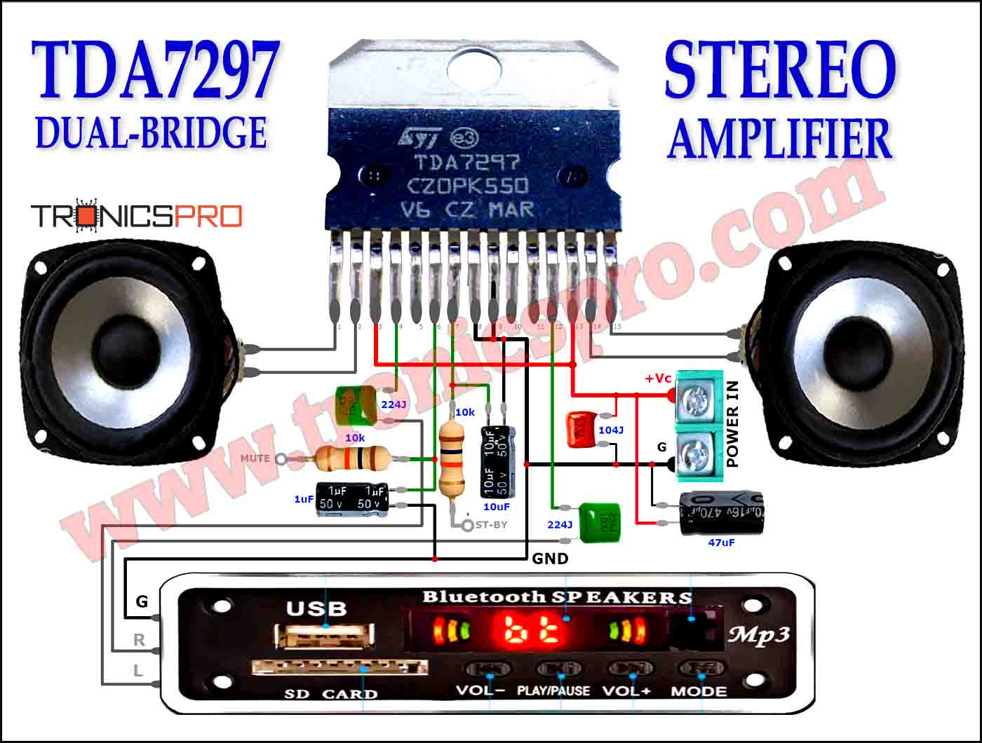 Stereo Amplifier TDA7297 Dual-Bridge Circuit Diagram
