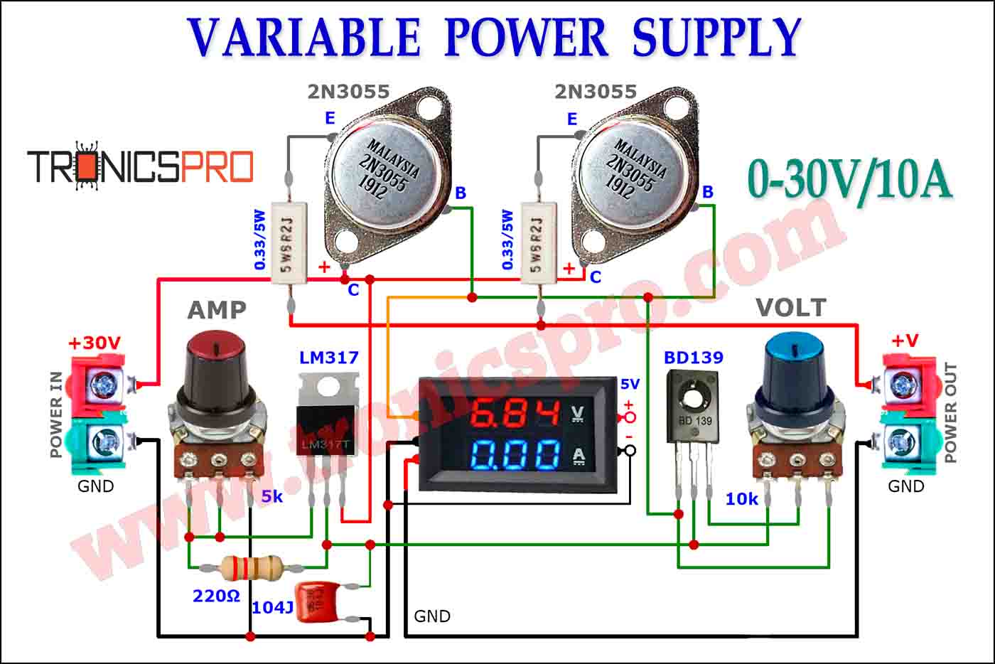Variable Power Supply 0-30V_10A Circuit Diagram - TRONICSpro