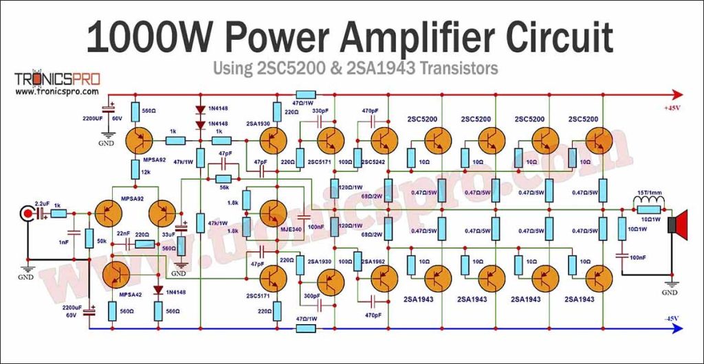 1000W Power Amplifier Circuit based 2SC5200 2SA1943