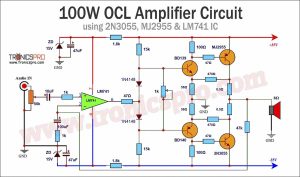 100W OCL Amplifier Circuit Diagram using 2N3055 & LM741 IC