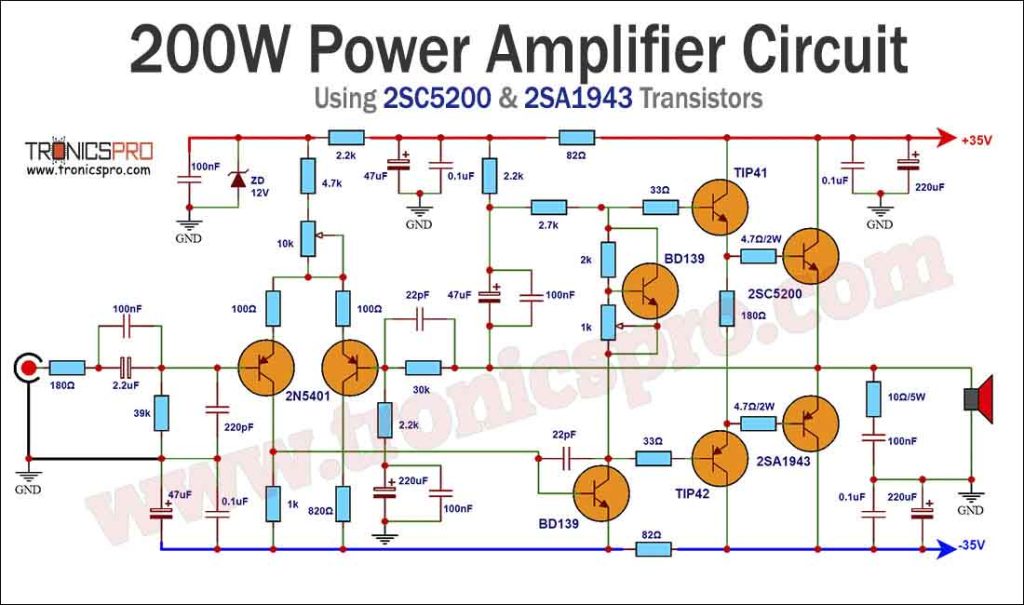 200W Amplifier Circuit using 2SC5200 2SA1943 - TRONICSpro