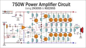750W Power Amplifier Circuit Diagram using 2N3055, MJE2955