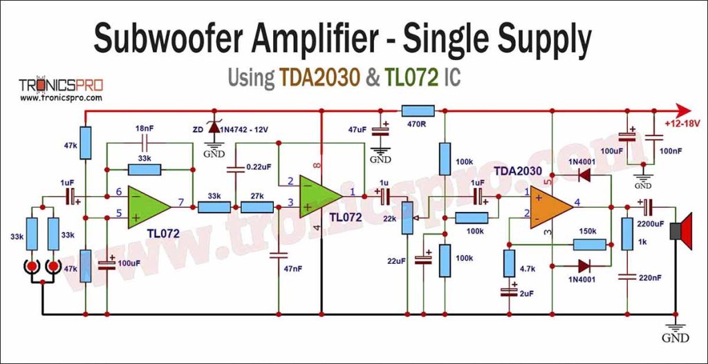 TDA2030 Subwoofer Amplifier Circuit Diagram Single Supply using TL072 IC