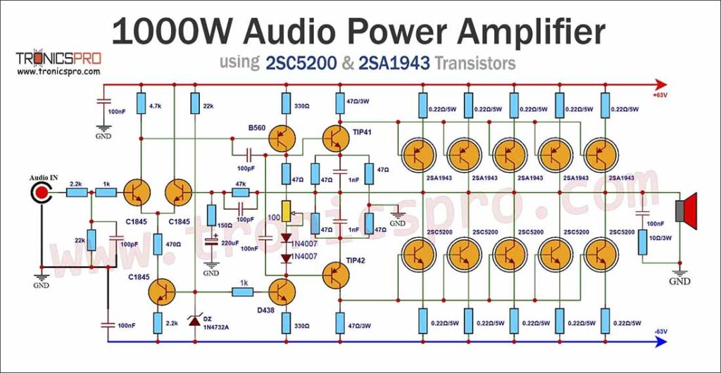 1000W Amplifier Circuit Diagram based 2SC5200 & 2SA1943 Bell Power
