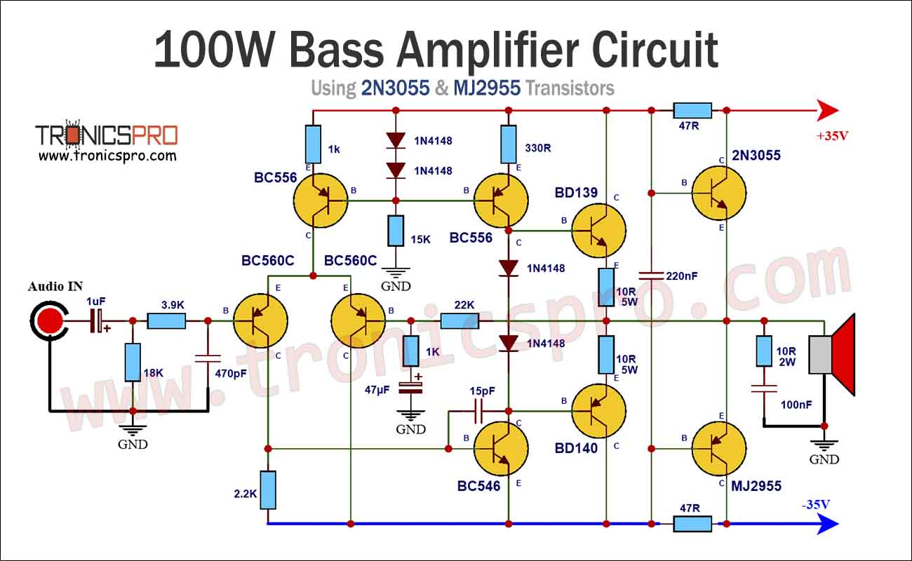 Bass Amplifier Circuit Using 2N3055 MJ2955 TRONICSpro Bass Amplifier Circuit Using 2N3055 MJ2955 TRONICSpro