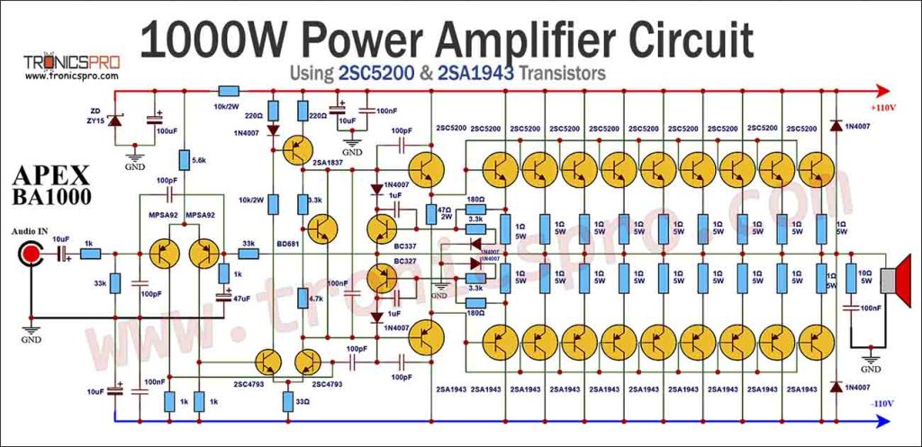 1000W Power Amplifier Circuit Diagram using 2SC5200 & 2SA1943