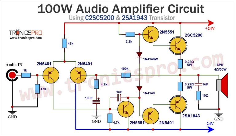 Audio Amplifier Circuit using 2SC5200 & 2SA1943
