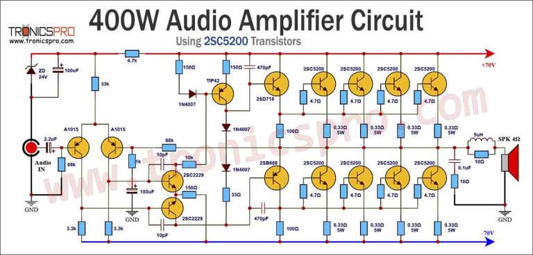 400W Amplifier Circuit Diagram using 2SC5200 - TRONICSpro