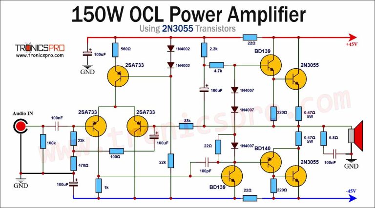 150W OCL Amplifier Circuit using 2N3055 - TRONICSpro