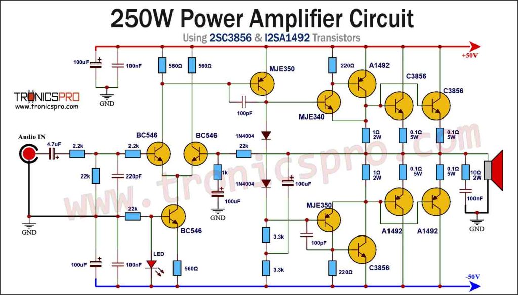 250W Power Amplifier Circuit Diagram using 2SC3856 & 2SA1492